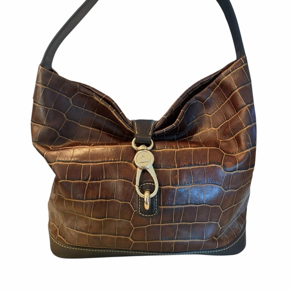 Dooney & Bourke Handbags - Dooney and Bourke Brown Croc-Embossed Leather Shoulder Bag with Gold Hardware